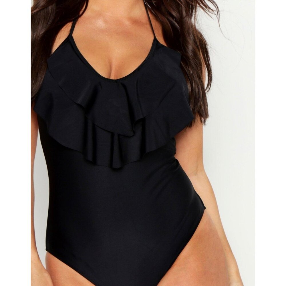 Boohoo One Piece Ruffles Halter Neck Swimsuit Minimalist Black Sz 6